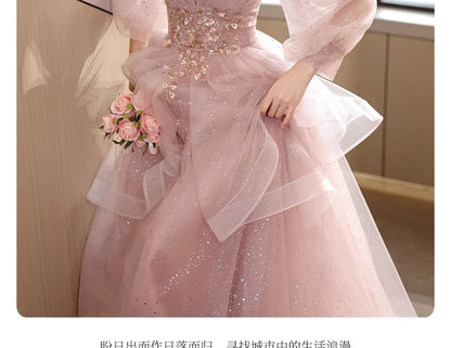 Long-Sleeve Square Neck Floral Beaded Glitter Ruffle Mesh A-Line Evening Gown