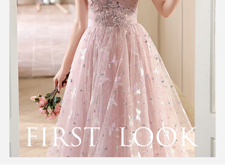 Short-Sleeve Off Shoulder Butterfly Patterned Floral Applique Ruched Mesh A-Line Evening Gown