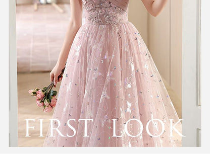 Short-Sleeve Off Shoulder Butterfly Patterned Floral Applique Ruched Mesh A-Line Evening Gown