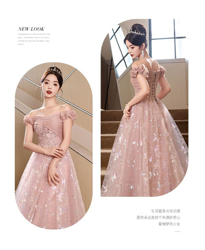 Short-Sleeve Off Shoulder Butterfly Patterned Floral Applique Ruched Mesh A-Line Evening Gown