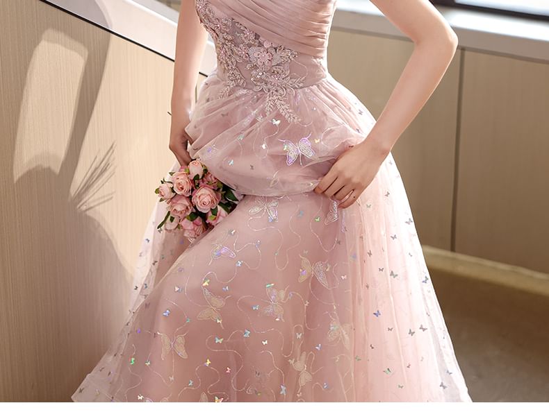 Short-Sleeve Off Shoulder Butterfly Patterned Floral Applique Ruched Mesh A-Line Evening Gown