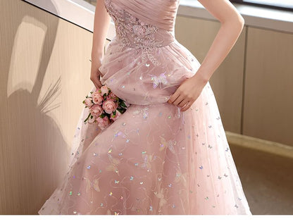 Short-Sleeve Off Shoulder Butterfly Patterned Floral Applique Ruched Mesh A-Line Evening Gown