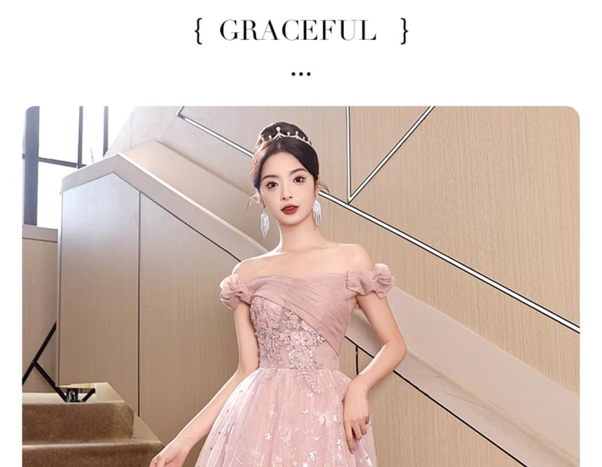 Short-Sleeve Off Shoulder Butterfly Patterned Floral Applique Ruched Mesh A-Line Evening Gown