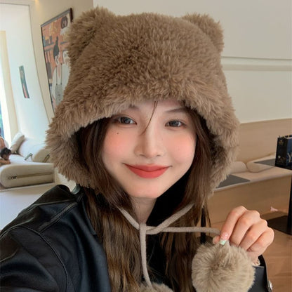 Bear Ear Pom Pom Chenille Hat