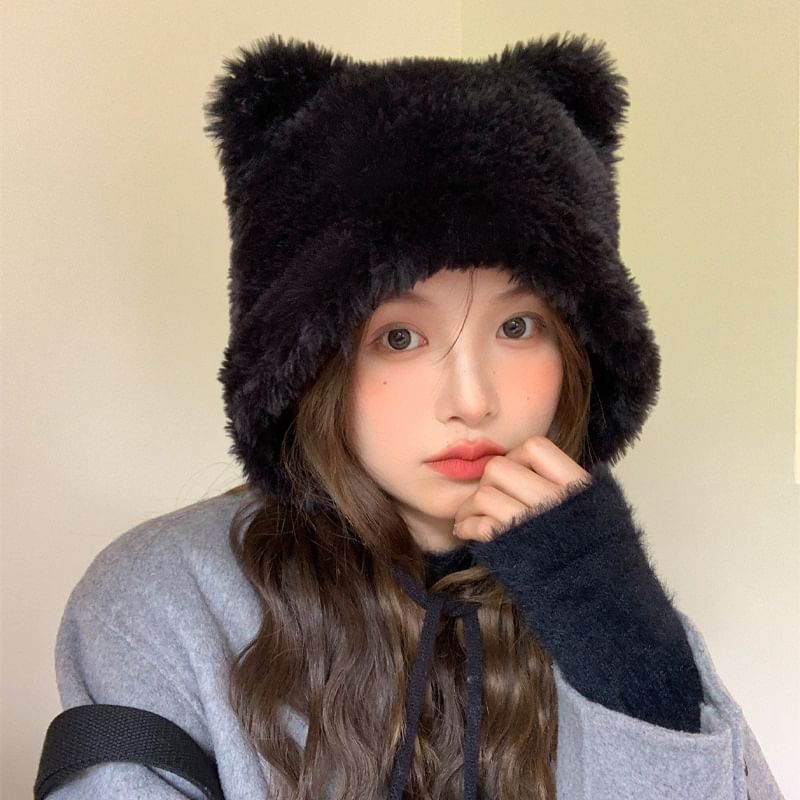Bear Ear Pom Pom Chenille Hat