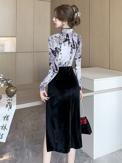 Long-Sleeve Stand Collar Print Velvet Panel Ruched Frog Buttoned Slit Midi Sheath Qipao