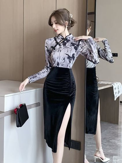 Long-Sleeve Stand Collar Print Velvet Panel Ruched Frog Buttoned Slit Midi Sheath Qipao