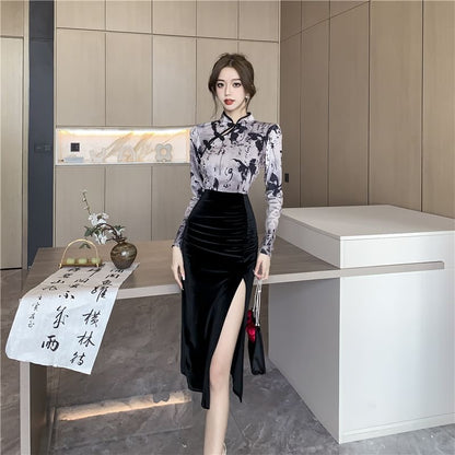 Long-Sleeve Stand Collar Print Velvet Panel Ruched Frog Buttoned Slit Midi Sheath Qipao