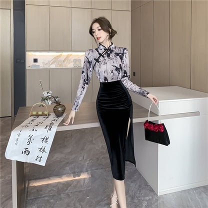 Long-Sleeve Stand Collar Print Velvet Panel Ruched Frog Buttoned Slit Midi Sheath Qipao