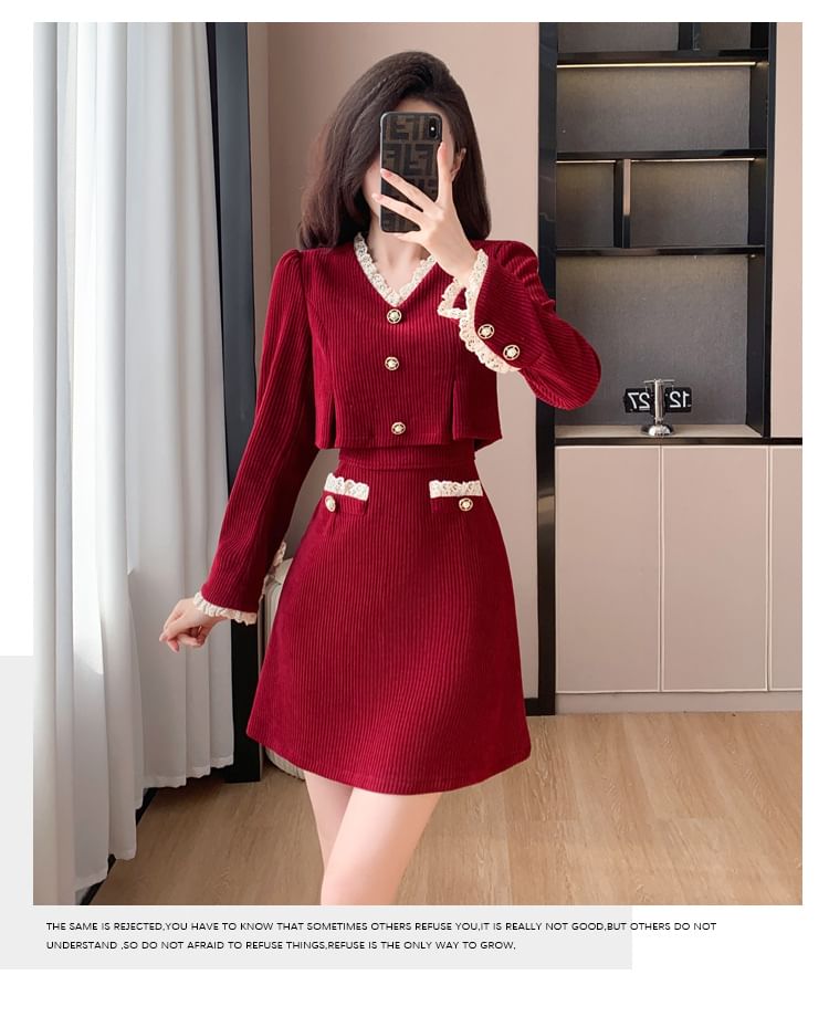 Mock Two-Piece Long-Sleeve V-Neck Lace Trim Corduroy Mini A-Line Dress