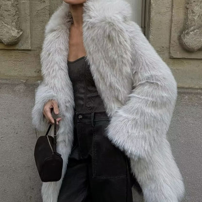 Collared Plain Faux Fur Hook And Eye Coat