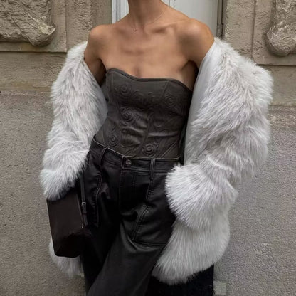 Collared Plain Faux Fur Hook And Eye Coat