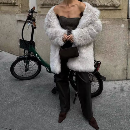 Collared Plain Faux Fur Hook And Eye Coat