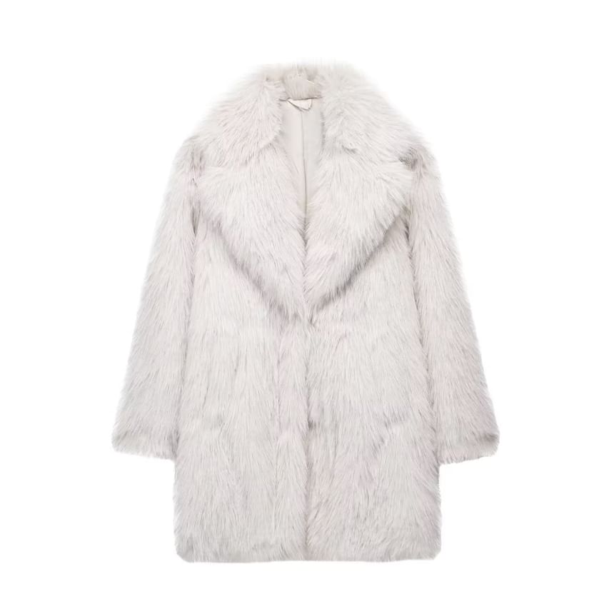 Collared Plain Faux Fur Hook And Eye Coat