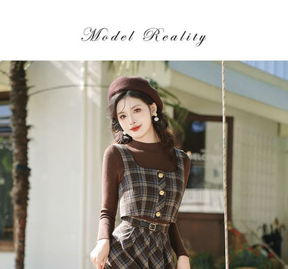 Mock Neck Plain Ribbed Sweater / Plaid Vest / High Waist Midi A-Line Skirt / Set