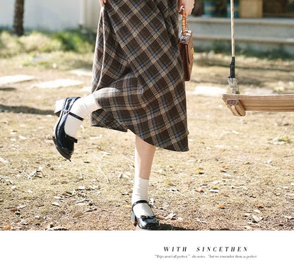 Mock Neck Plain Ribbed Sweater / Plaid Vest / High Waist Midi A-Line Skirt / Set