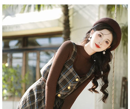 Mock Neck Plain Ribbed Sweater / Plaid Vest / High Waist Midi A-Line Skirt / Set