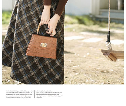 Mock Neck Plain Ribbed Sweater / Plaid Vest / High Waist Midi A-Line Skirt / Set