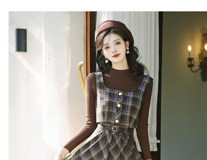 Mock Neck Plain Ribbed Sweater / Plaid Vest / High Waist Midi A-Line Skirt / Set