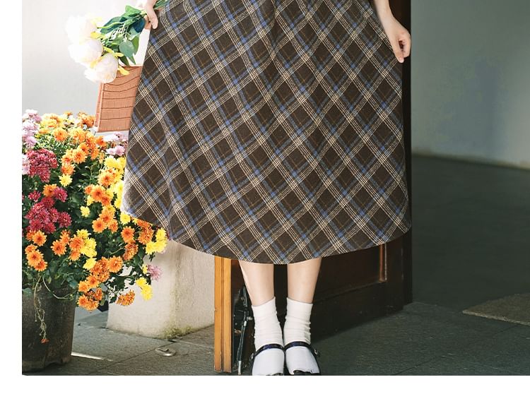 Mock Neck Plain Ribbed Sweater / Plaid Vest / High Waist Midi A-Line Skirt / Set