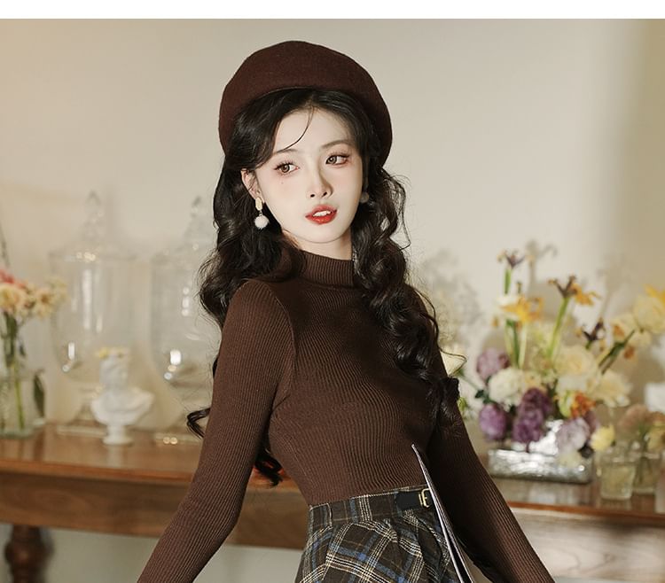 Mock Neck Plain Ribbed Sweater / Plaid Vest / High Waist Midi A-Line Skirt / Set