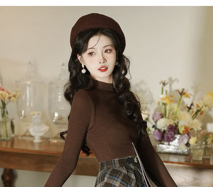 Mock Neck Plain Ribbed Sweater / Plaid Vest / High Waist Midi A-Line Skirt / Set