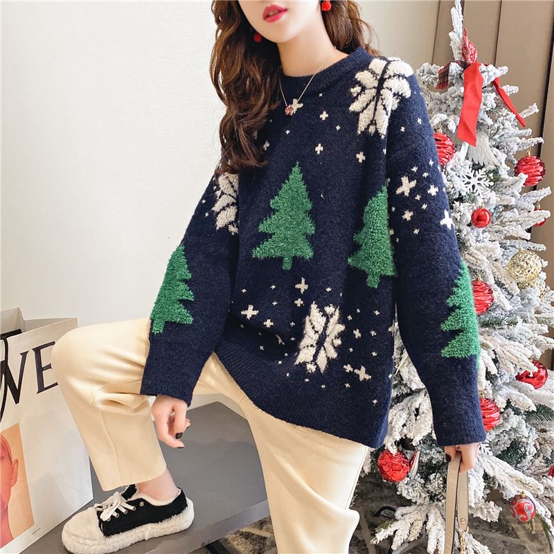 Jacquard Crew Christmas Sweater Tree Neck