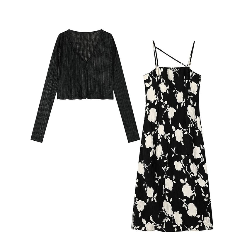 Set: Spaghetti Strap Floral Print Midi Dress + Light Jacket