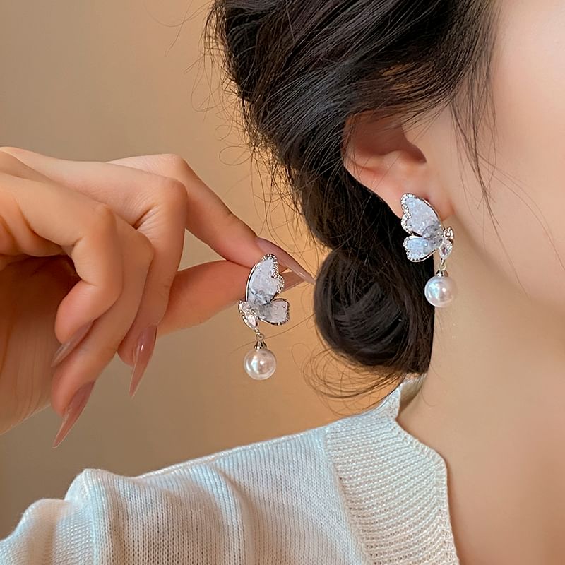 Alloy Drop Butterfly Faux Earring Crystal Pearl