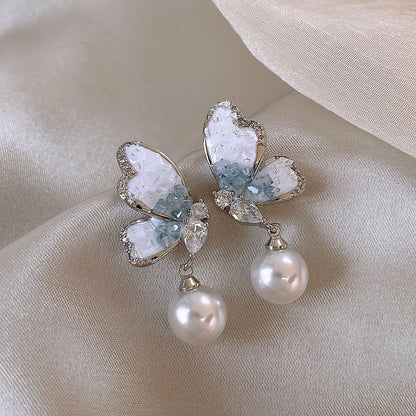 Alloy Drop Butterfly Faux Earring Crystal Pearl