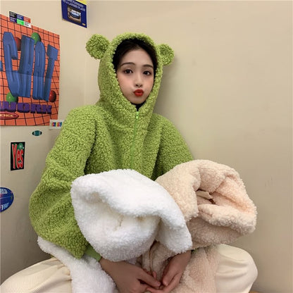 Plain Bear Ear Hood Fleece Zip Teddy Jacket