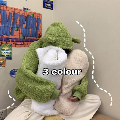 Plain Bear Ear Hood Fleece Zip Teddy Jacket