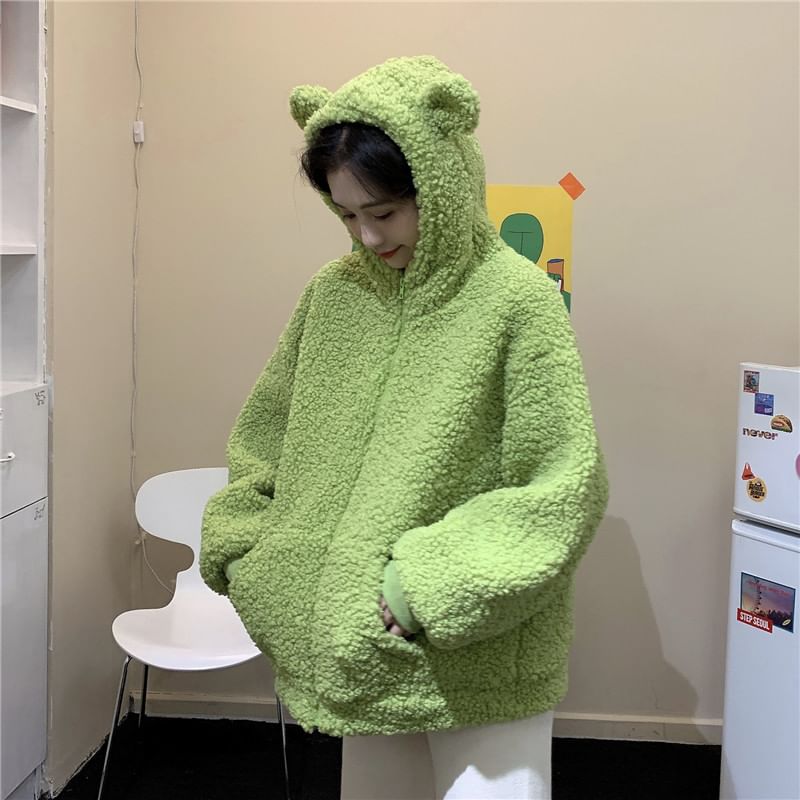 Plain Bear Ear Hood Fleece Zip Teddy Jacket