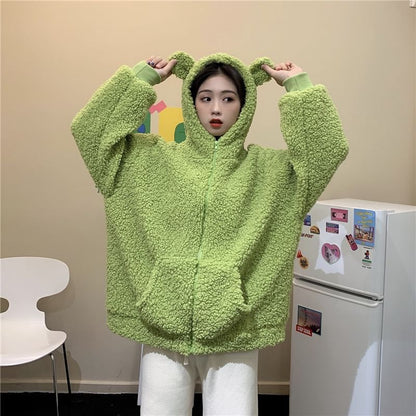 Plain Bear Ear Hood Fleece Zip Teddy Jacket