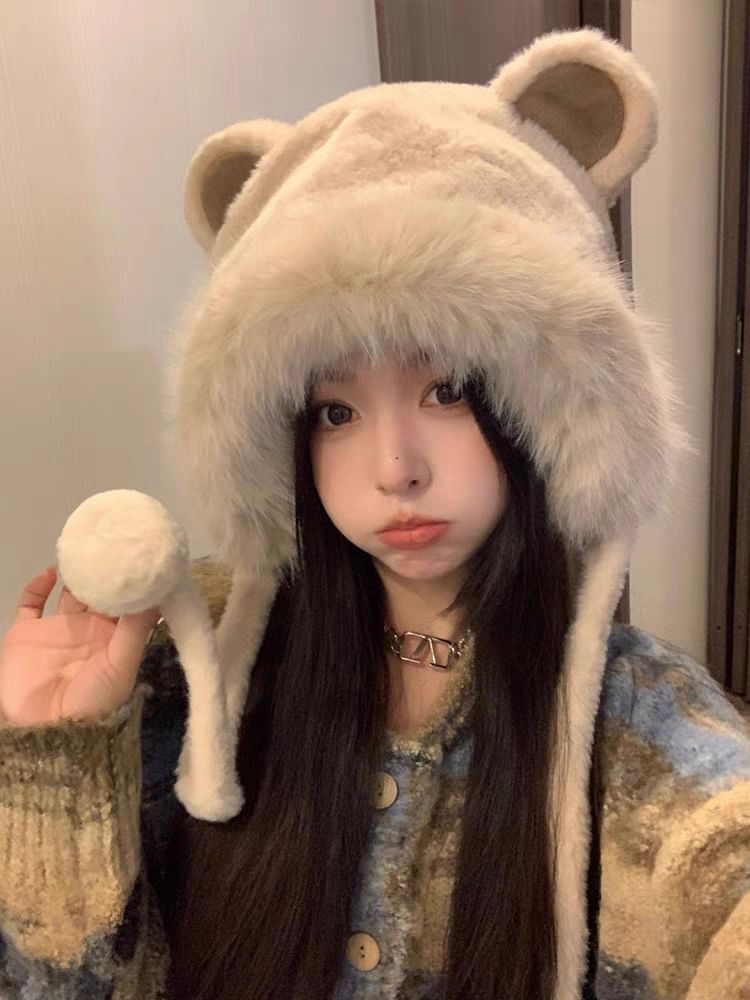 Bear Ear Fluffy Bonnet Hat