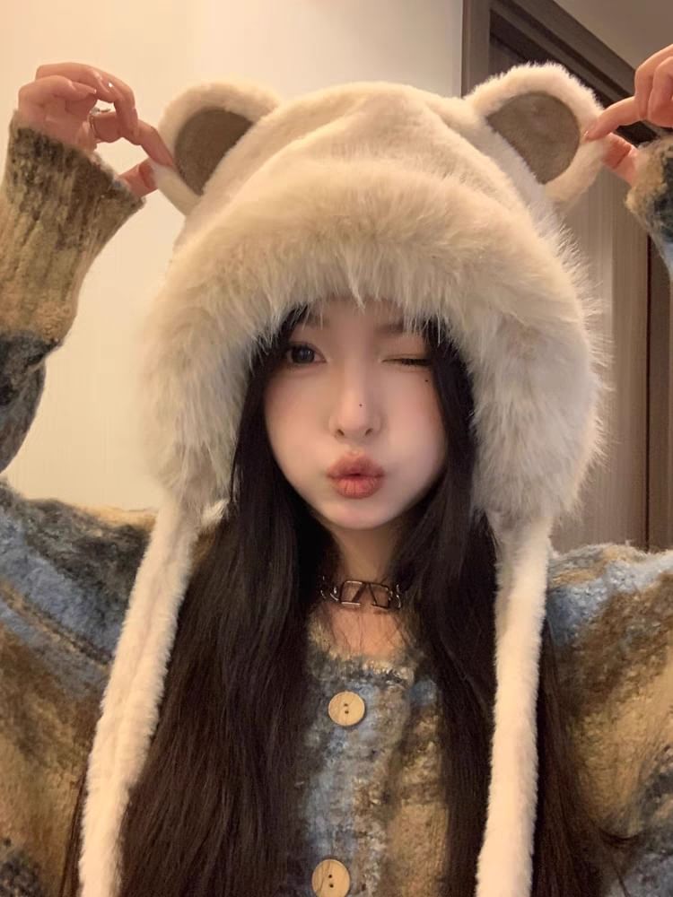 Bear Ear Fluffy Bonnet Hat