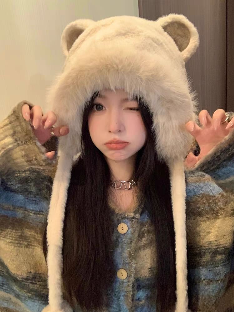 Bear Ear Fluffy Bonnet Hat
