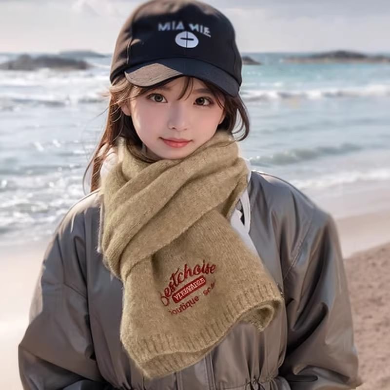 Embroidered Lettering Knit Scarf