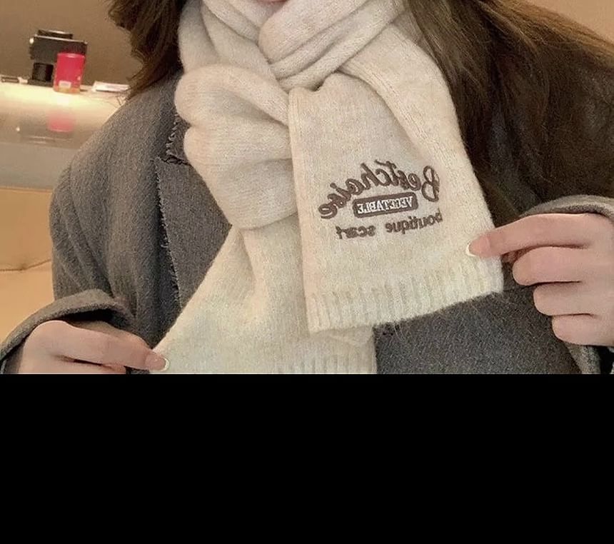 Embroidered Lettering Knit Scarf