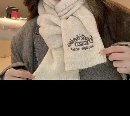 Embroidered Lettering Knit Scarf