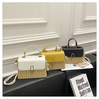 Faux Leather Panel Woven Crossbody Bag