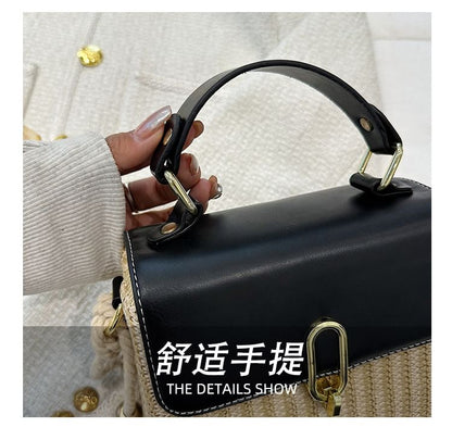 Faux Leather Panel Woven Crossbody Bag
