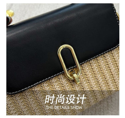 Faux Leather Panel Woven Crossbody Bag