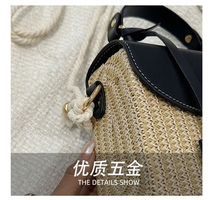 Faux Leather Panel Woven Crossbody Bag