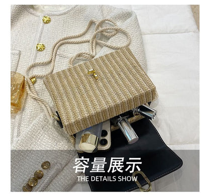 Faux Leather Panel Woven Crossbody Bag