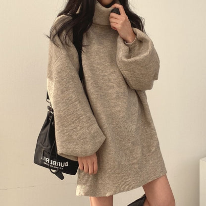 Balloon Sleeve Turtleneck Plain Slit Oversized Sweater