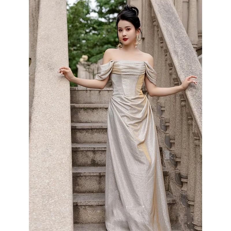 Off Shoulder Corset Waist A-Line Evening Gown