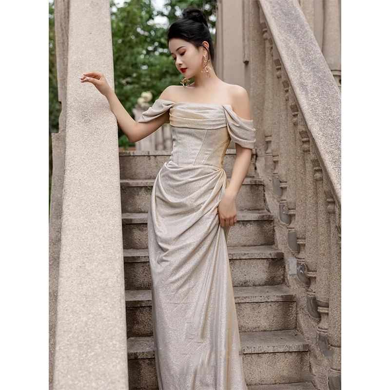 Off Shoulder Corset Waist A-Line Evening Gown