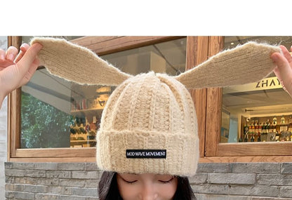 Rabbit Ear Lettering Applique Knit Beanie
