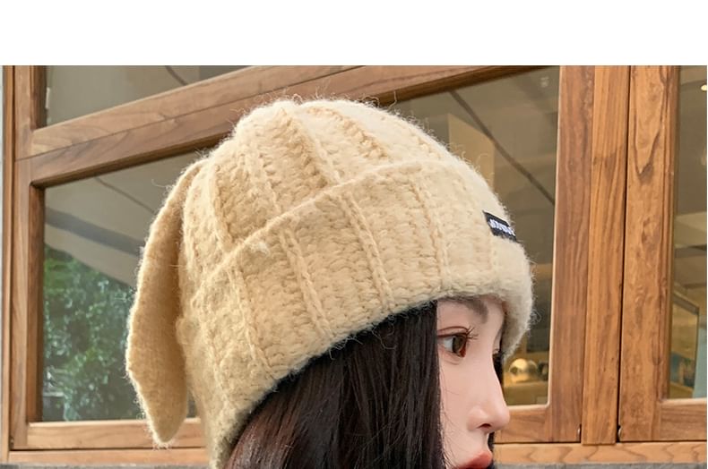 Rabbit Ear Lettering Applique Knit Beanie